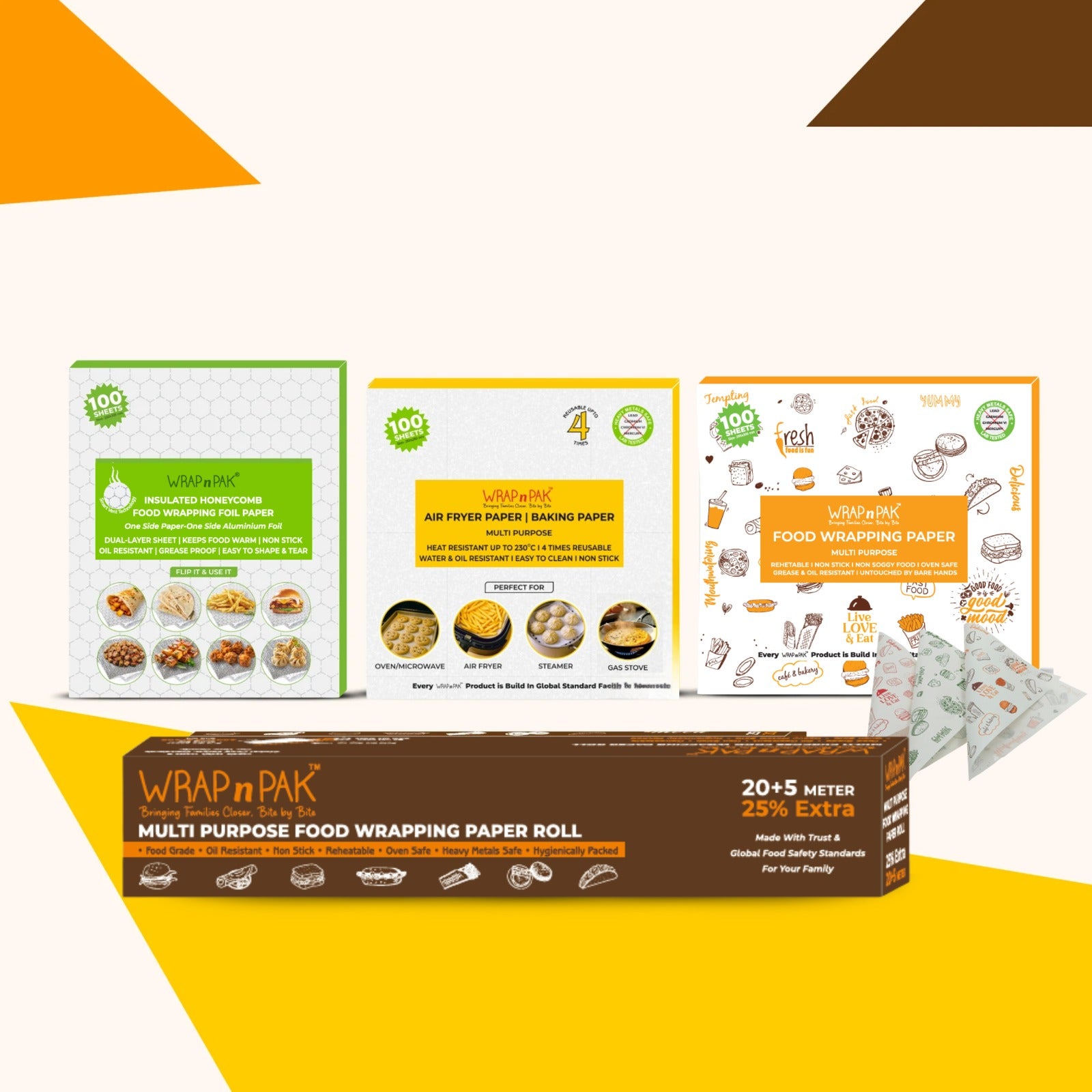 WRAP n PAK 4-in-1 Combo Pack | Wrapping Roll | Wrapping Sheets | Air Fryer Baking Sheets | Honeycomb Foil Paper