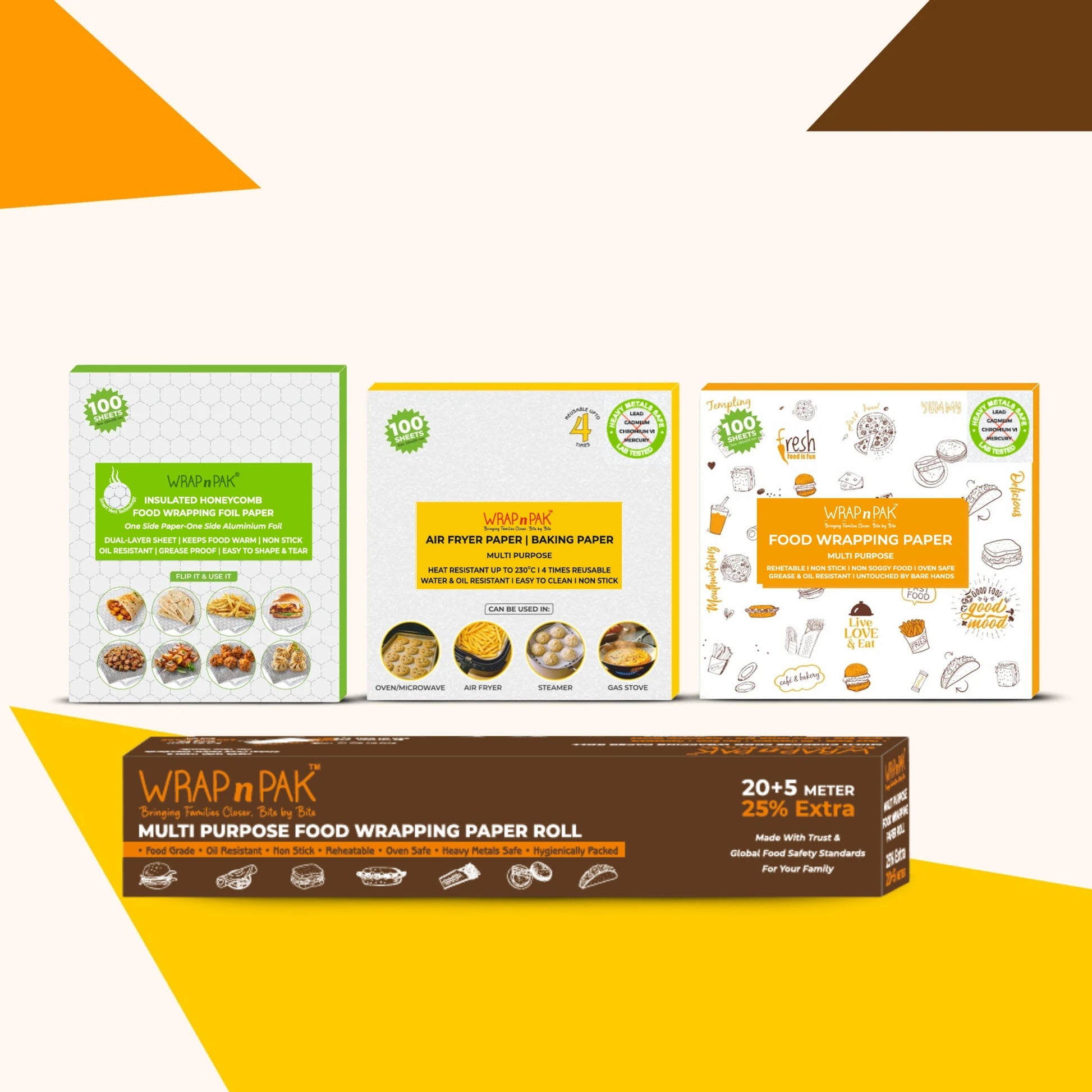 WRAP n PAK 4-in-1 Combo Pack | Wrapping Roll | Wrapping Sheets | Air Fryer Baking Sheets | Honeycomb Foil Paper